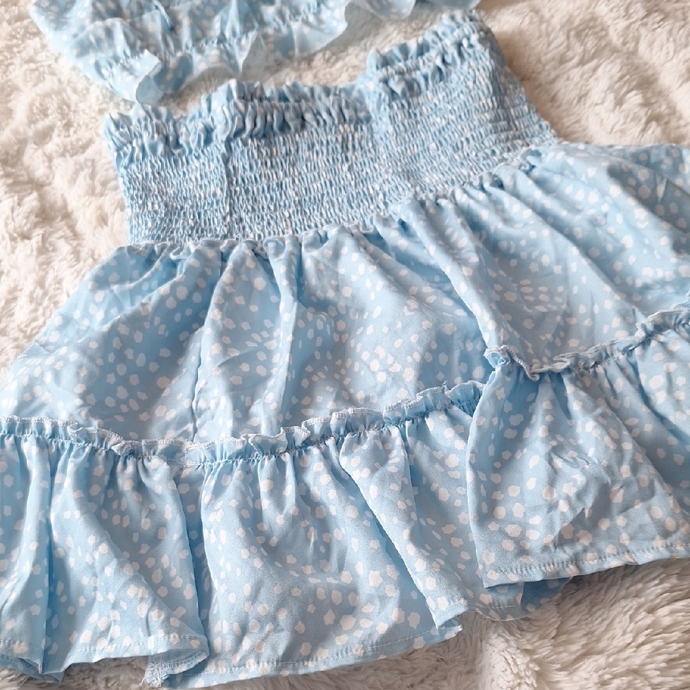 Light Blue Ruffled Two-Piece Set w/ Charming White Pattern BNWOT Size M - Picture 2 of 7